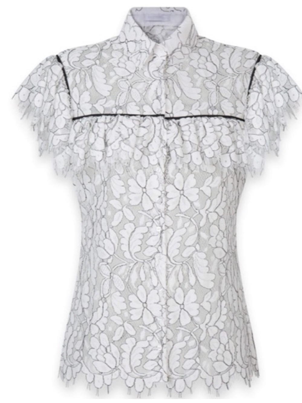 Anne Fontaine medicis White Short Sleeve Top Floral lace Ruffle Blouse Sheer S
